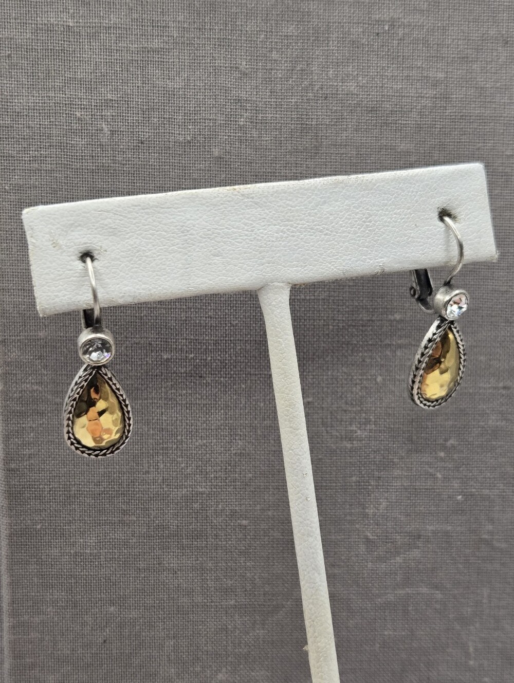 Hammered silver tone Teardrop medallion CZ Earrings Palu Oval Premier Designs